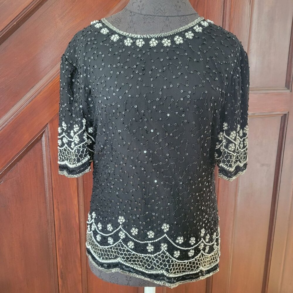 Vintage Lawrence Kazar Beaded & Sequined Black Silk Blouse With Silver Embellish